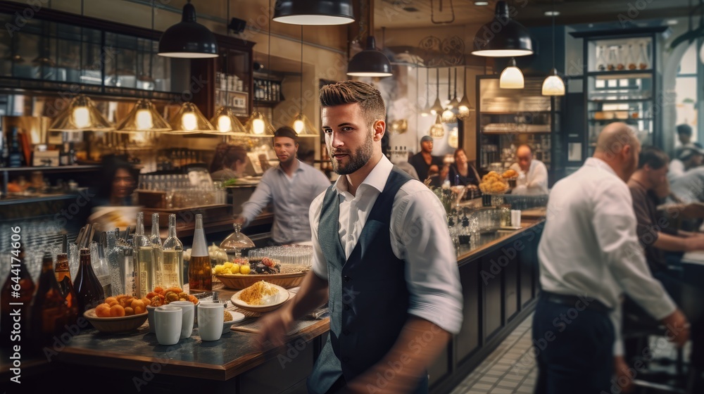 blurred background of a restaurant featuring chefs, waiters and patrons, showcasing the hustle and bustle of a lively diner