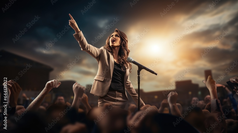 Dynamic Public Speaking, female leader speaking to a diverse audience outdoors, against a backdrop of enthusiastic listeners and a professional microphone. Dynamic Public Speaking, female leader speaking to a diverse audience outdoors, against a backdrop of enthusiastic listeners and a professional microphone.