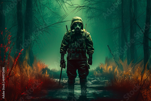 Doomsday. Ecological disaster. Nuclear explosion. A person wearing a gas mask. Generative AI