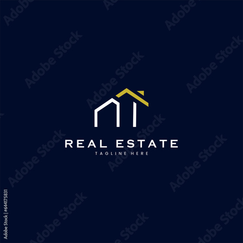 modern NI letter real estate logo in linear style with simple roof building in blue