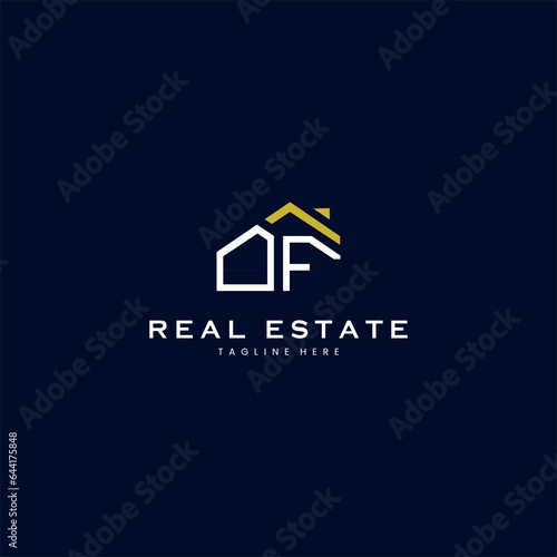 modern OF letter real estate logo in linear style with simple roof building in blue