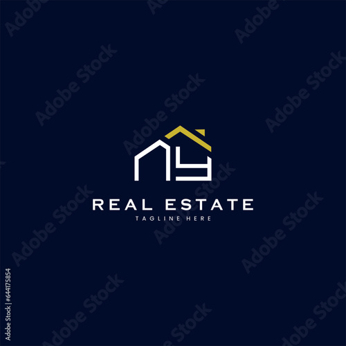 modern NY letter real estate logo in linear style with simple roof building in blue