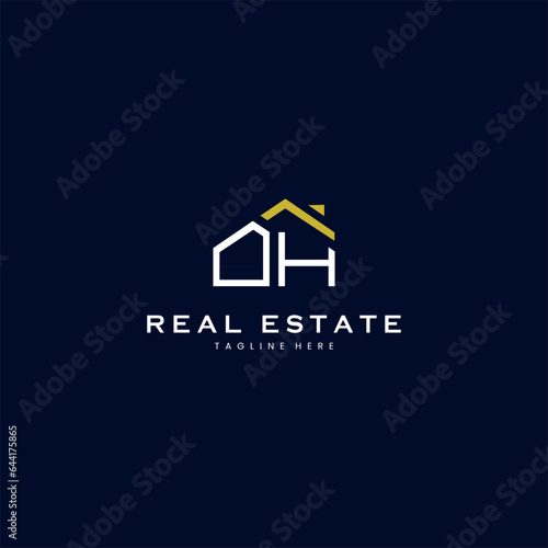 modern OH letter real estate logo in linear style with simple roof building in blue