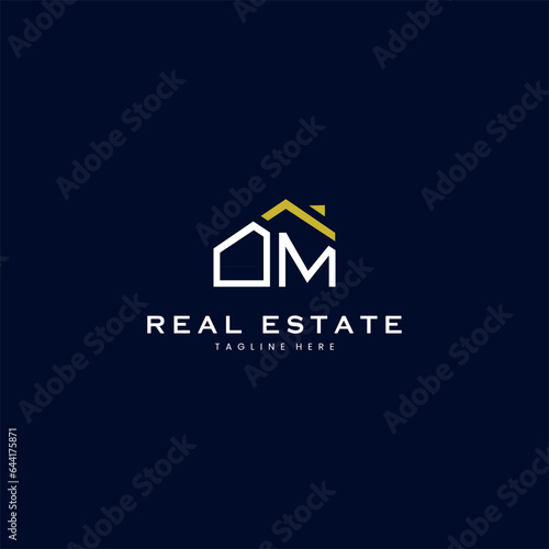 modern OM letter real estate logo in linear style with simple roof building in blue