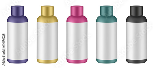 Set of cosmetic bottles with label and cap. Yellow, green, black, purple and pink bottles. Hair dye, oxydant cream, shampoo, shower gel or body lotion