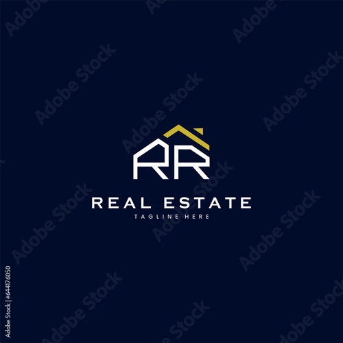 modern RR letter real estate logo in linear style with simple roof building in blue