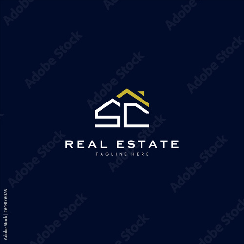 modern SC letter real estate logo in linear style with simple roof building in blue