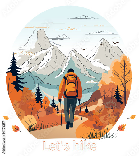 A man goes hiking in the autumn forest against the background of mountains, a vector image with a transparent background and a place for text