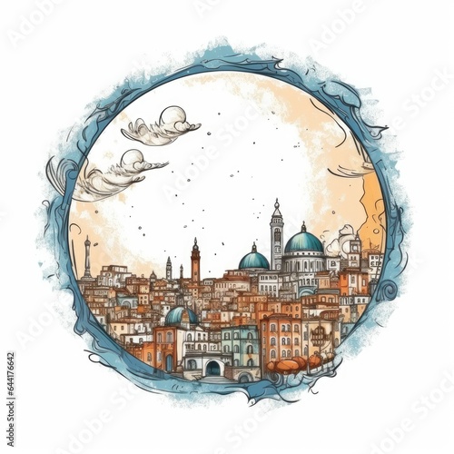 A circle shape frame with center space of Rome city skyline in simple doodle color cartoon style. beautiful Generative AI AIG32