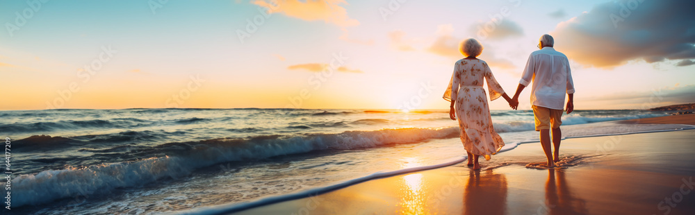 Senior couple walking along a beach in the sunset. Concept of retirement, mature love and travel. Shallow field of view with copy space. - obrazy, fototapety, plakaty 