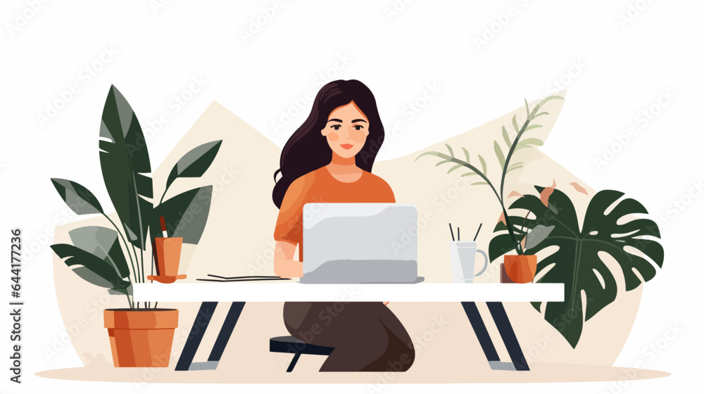 Flat illustration of a girl working on laptop, 2d vector illustration,flat character. Flat illustration of a girl working on laptop, 2d vector illustration,flat character.