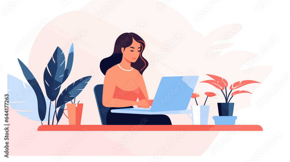 Flat illustration of a girl working on laptop, 2d vector illustration,flat character. Flat illustration of a girl working on laptop, 2d vector illustration,flat character.