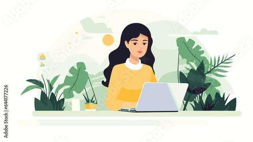 Flat illustration of a girl working on laptop, 2d vector illustration,flat character.
