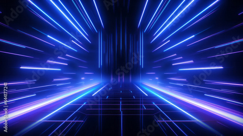 Futuristic room dark blue spaceship interior with glowing neon tunnel lights