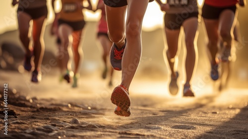 feet of runners moving along a calm sea trail at dawn. Health, fitness and the joy of morning exercise.