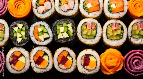 close-up of sushi rolls on the table, sushi rolls set, sushi background, set of sushi rolls, seafood set, designed shushi rolls