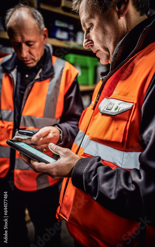 Two warehouse workers compare inventory data with their devices