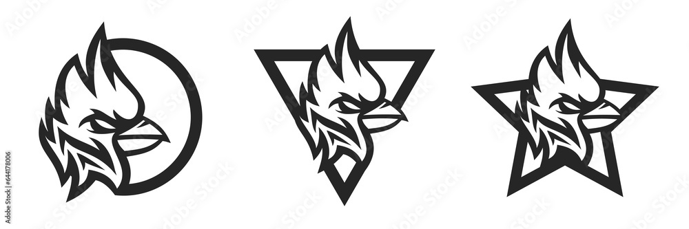 Vector red cardinal head isolated on white and black background. Silhouette abstract bird. Template for design mascot, label, badge, emblem or other prints. Monochrome illustration. Vector red cardinal head isolated on white and black background. Silhouette abstract bird. Template for design mascot, label, badge, emblem or other prints. Monochrome illustration.