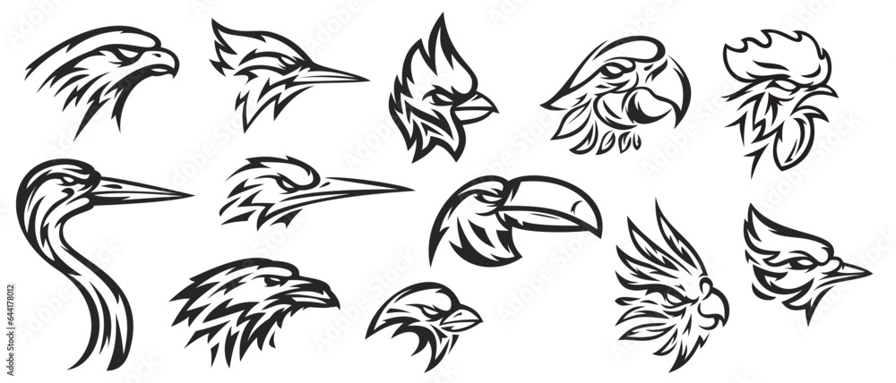 Set hand drawn silhouettes head birds heron, parrot, red cardinal, sparrow, kingfisher, toucan, woodpecker, blue jay, hawk, raven, rooster. Template elements for mascot, label, badge, emblem, print.