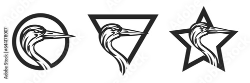 Vector heron, stork or crane head isolated on white and black background. Silhouette abstract bird. Template for design mascot, label, badge, emblem or other prints. Monochrome illustration.