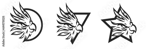 Vector parrot head isolated on white and black background. Silhouette abstract bird. Template for design mascot, label, badge, emblem or other prints. Monochrome illustration.