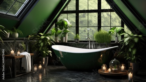 a bright and elegant glass bathroom with a luxurious tub, and lots of lush green plants reminiscent of the serenity of a dense forest.