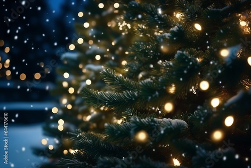 Beautiful Decorated Christmas tree, Abstract bokeh background. Christmas eve concept. © Creatively