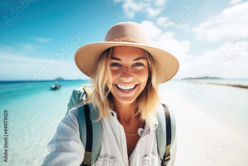 Happy traveler woman with b...