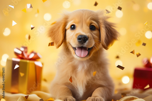 Cute puppy with golden gift boxes on festive yellow background. Giving Tuesday or boxing day concept