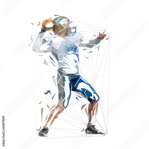 American football player throws ball, isolated low poly vector illustration, geometric drawing logo