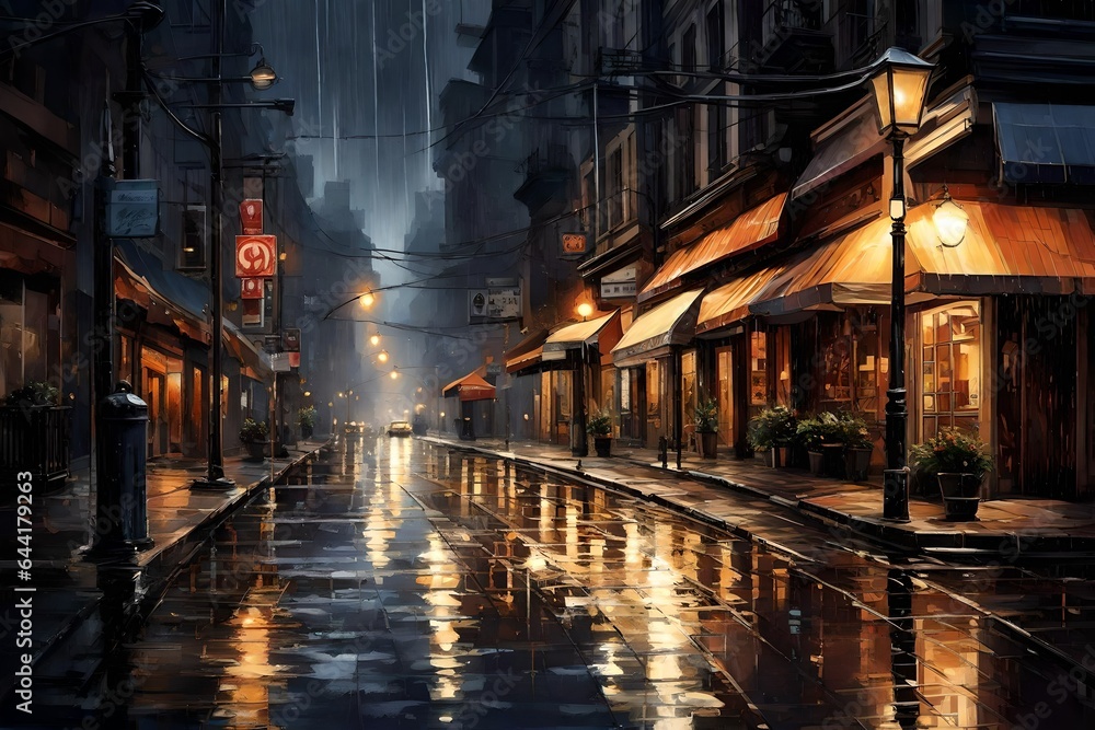Design an alluring view of a rain-slicked city street at twilight. 