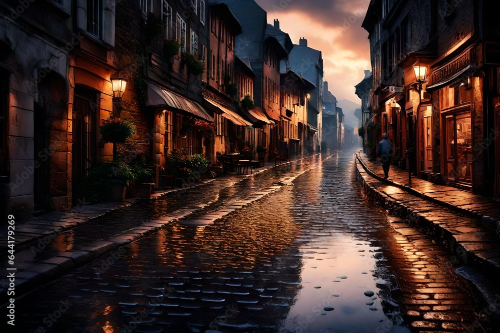 Design an enchanting picture of a rain-soaked cobblestone street at dusk. 