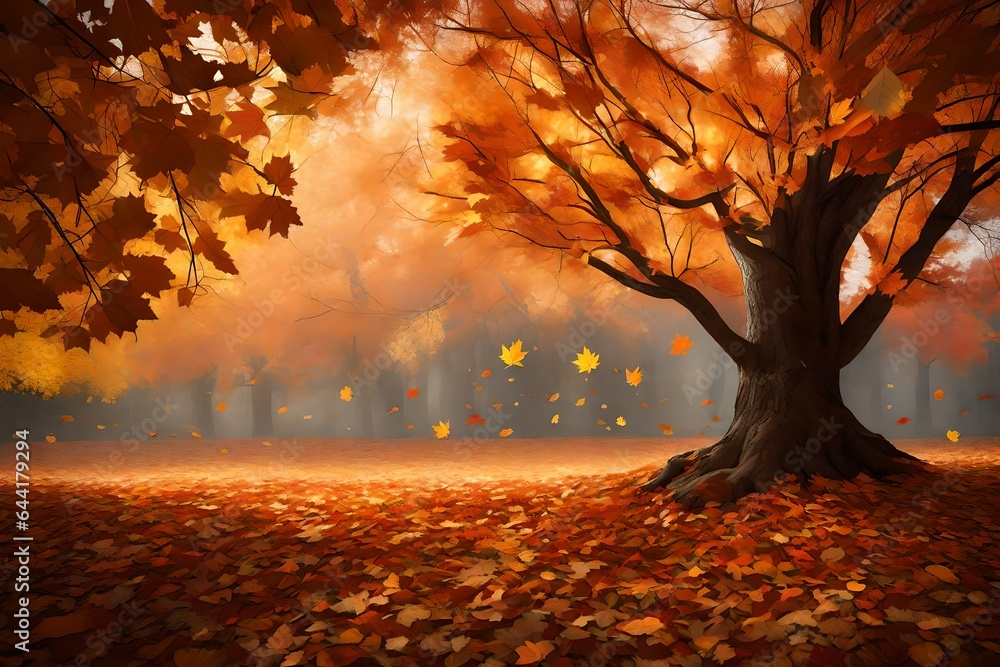 Create a captivating scene of autumn leaves gently falling from a tree. 