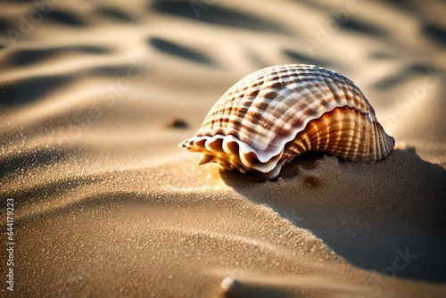Produce an exquisite image of a seashell resting on a bed of fine sand. 