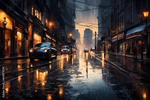 Design an alluring view of a rain-slicked city street at twilight.  © Imtisal