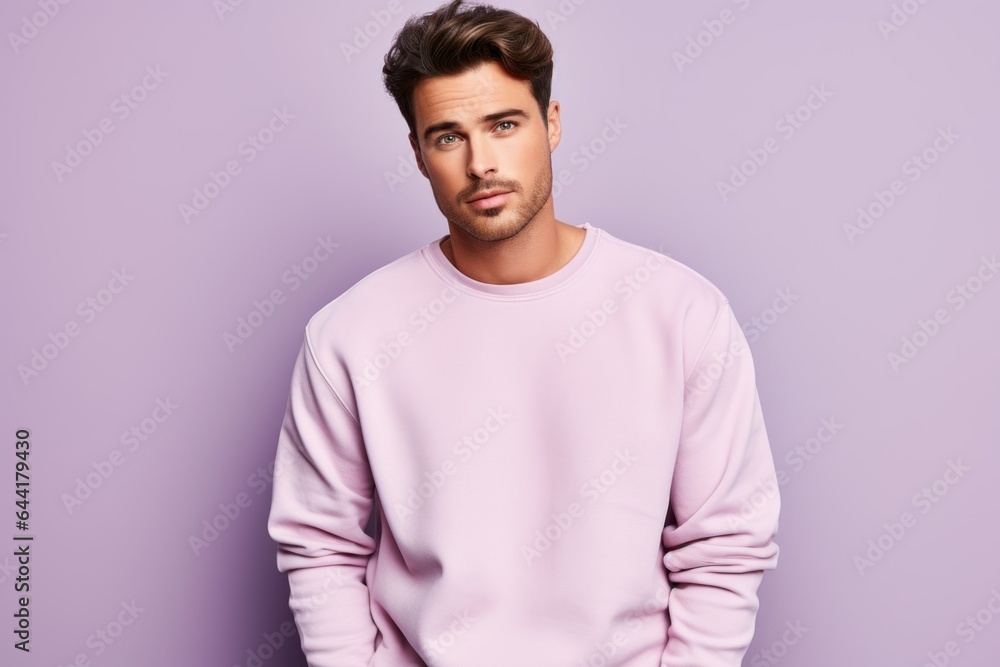 Portrait of a Fictional Model Wearing a Large Oversized Plain Sweatshirt Isolated on a Colored Blank Background. Generative AI. Portrait of a Fictional Model Wearing a Large Oversized Plain Sweatshirt Isolated on a Colored Blank Background. Generative AI.