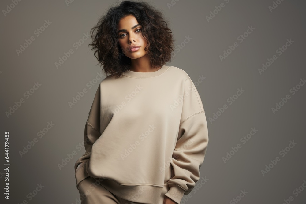 Fototapeta premium Portrait of a Fictional Model Wearing a Large Oversized Plain Sweatshirt Isolated on a Colored Blank Background. Generative AI.