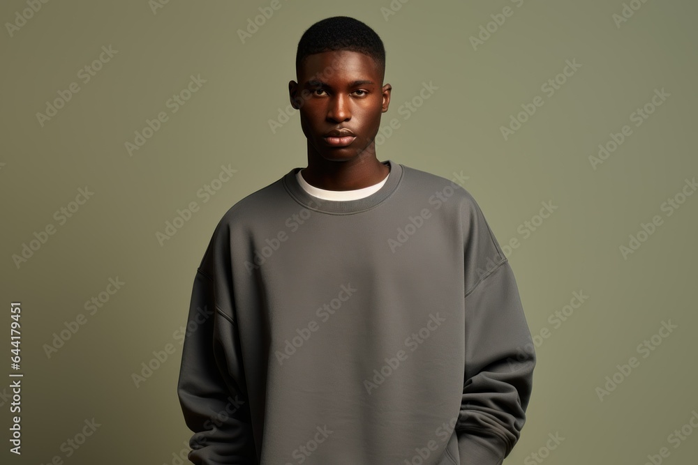 Portrait of a Fictional Model Wearing a Large Oversized Plain Sweatshirt Isolated on a Colored Blank Background. Generative AI. Portrait of a Fictional Model Wearing a Large Oversized Plain Sweatshirt Isolated on a Colored Blank Background. Generative AI.