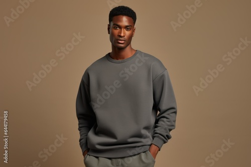 Portrait of a Fictional Model Wearing a Large Oversized Plain Sweatshirt Isolated on a Colored Blank Background. Generative AI.