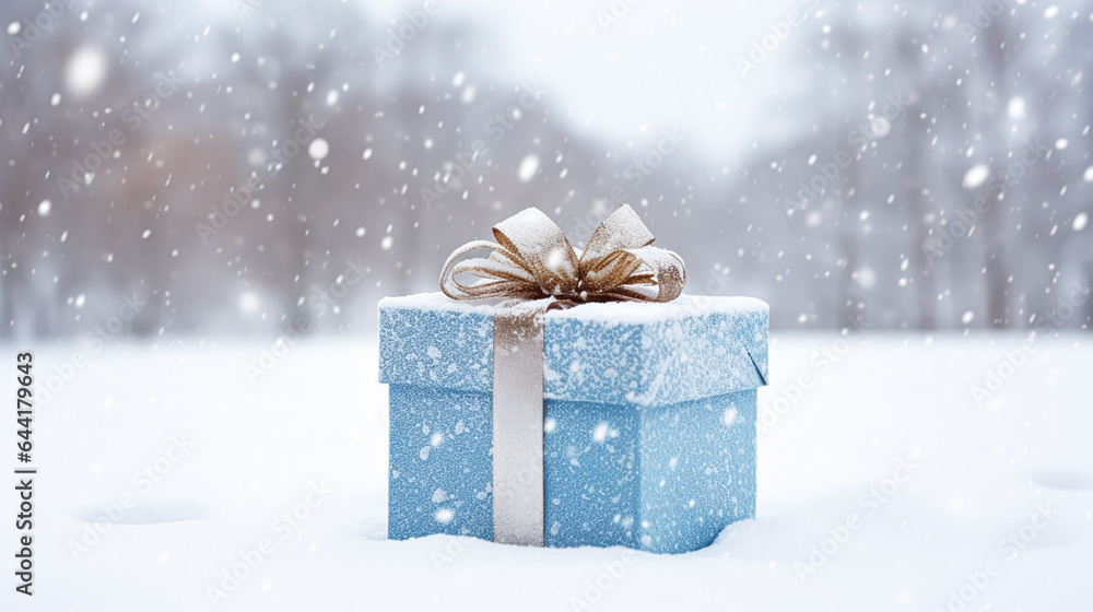 Christmas holiday gift and present, gift box in the snow in snowfall winter countryside nature for boxing day, holidays shopping sale Christmas holiday gift and present, gift box in the snow in snowfall winter countryside nature for boxing day, holidays shopping sale