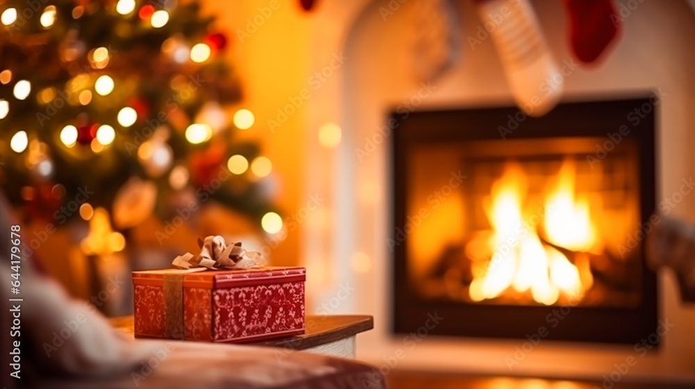 Fototapeta premium Christmas gifts, holiday time, country cottage style decor and cosy atmosphere, decorations in the English countryside house with Christmas tree and fireplace on background, winter holidays