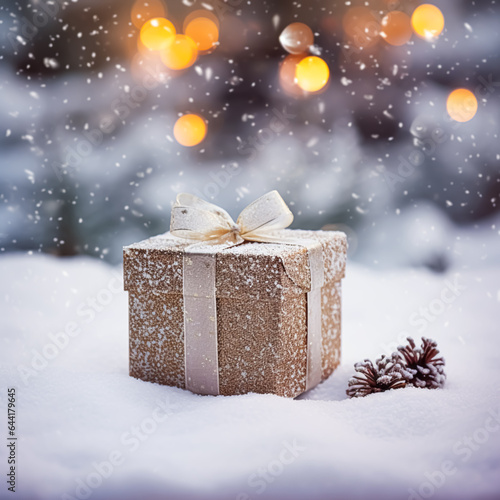Christmas holiday gift and present, gift box in the snow in snowfall winter countryside nature for boxing day, holidays shopping sale © Anneleven