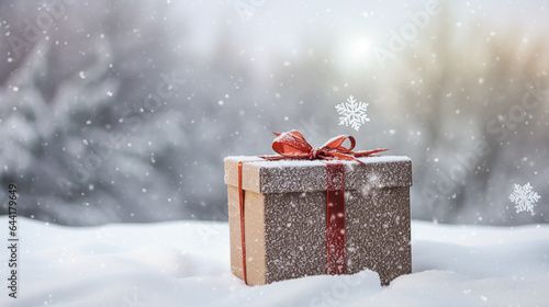 Christmas holiday gift and present, gift box in the snow in snowfall winter countryside nature for boxing day, holidays shopping sale © Anneleven