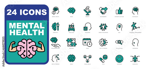 Mental health icon set. Thin outline icons. Mental Health Development and Care.
