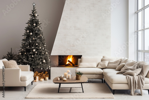 Leinwand Poster Christmas Home Interior with festive Christmas tree and gift boxes