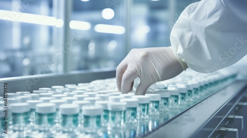 painstaking process of pharmaceutical manufacturing with a striking image of a gloved hand carefully inspecting medical vials on the assembly line of a modern pharmaceutical factory.