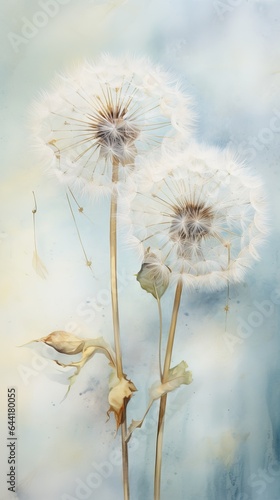 A vibrant dandelion painting against a beautiful sky backdrop