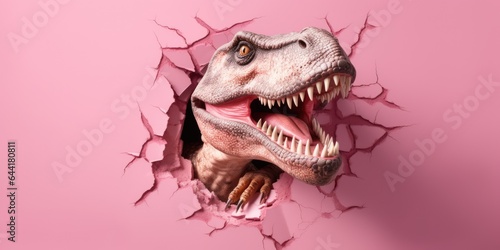 Cute T-Rex peeking out of a hole in wall  torn hole  empty copy space frame  mockup. Generative AI image weber.