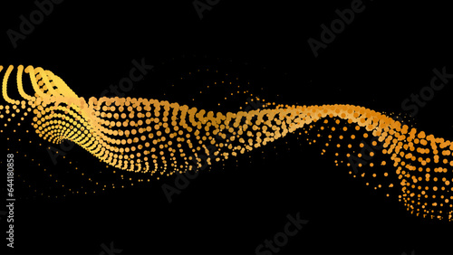 Data vibrate pulse dot particle wave. Abstract bulge hyperbola sinusoid. Infinity transition gradation 3d waveform background. Black gold.