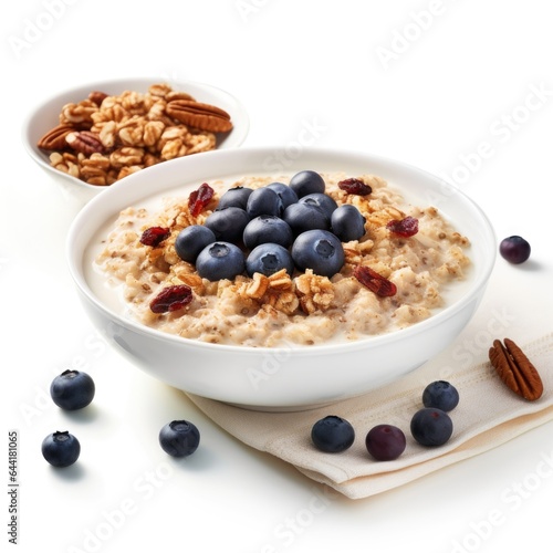 Oatmeal with blueberries and nuts in a bowl on a white background. Healthy breakfast food